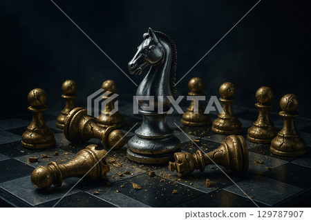 A black knight facing golden pawns symbolizing tactical leadership and the challenge of overcoming obstacles strategically A black knight facing golden pawns symbolizing tactical leadership and the challenge of overcoming obstacles strategically 129787907