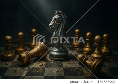 Another dramatic black knight with pawns arrangement symbolizing determination, resilience, and strong leadership under pressure Another dramatic black knight with pawns arrangement symbolizing determination, resilience, and strong leadership under pressure 129787908