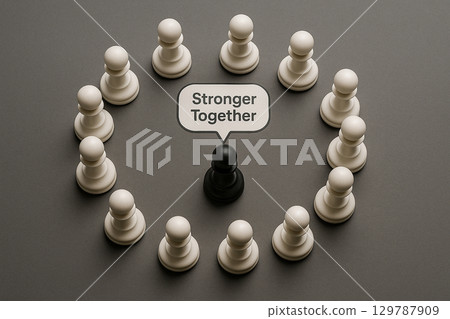 Together stronger concept, cycle of pawns surrounding empty space symbolizing collective leadership and shared responsibility. Together stronger concept, cycle of pawns surrounding empty space symbolizing collective leadership and shared responsibility. 129787909