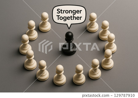 Circle of pawns surrounding empty space symbolizing collective leadership and shared responsibility. Together stronger concept Circle of pawns surrounding empty space symbolizing collective leadership and shared responsibility. Together stronger concept 129787910