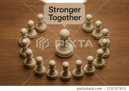 Pawns arranged in a circular pattern showcasing inclusivity and collective leadership strength 129787913