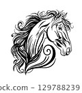 Horse Head Silhouette, Horse Head sketch hand drawn . Engraving. Symbol of 2026, 2038. Chineese new year horoscope astrology 129788239