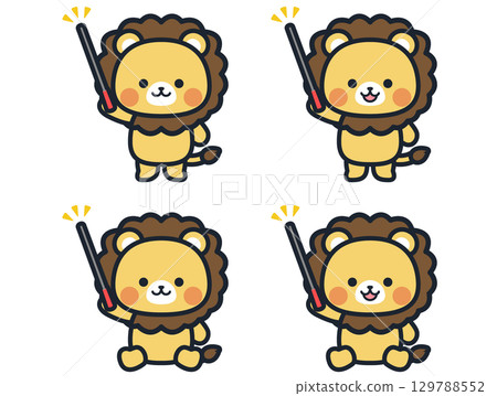 Illustration set of a cute mini lion holding a pointer 129788552