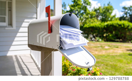 Mailbox mounted wooden post outside house, filled with large stack of papers and envelopes, bright blue sky with green trees and garden background, conveying sense of busy mail delivery 129788788