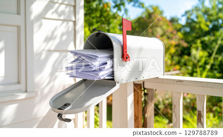 White mailbox mounted wooden railing filled with large stack of papers, with red flag raised, set against background of green trees and sunny sky, indicating outgoing mail or documents ready 129788789