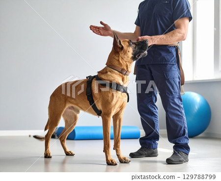 Veterinarian or trainer working with large service dog clinical or training environment, demonstrating commands or behavior, with exercise equipment background, conveying care, training 129788799