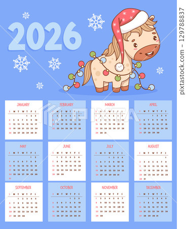 2026 annual calendar. Cute Christmas Horse in Santa hat with Garland. Funny kawaii animal. New Year Vector vertical template 12 months in English. Week starts Sunday. Symbol Year in Eastern calendar 129788837