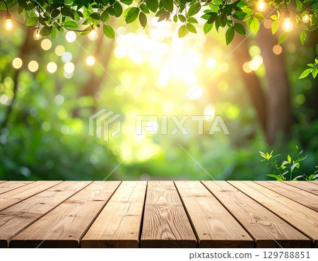 Natural scenery of a wooden deck with sunlight filtering through the trees and shining lights 129788851