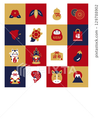 簡單而平靜的新年賀卡設計，垂直|紅色，海軍藍，金色，幸運符圖標 129788902