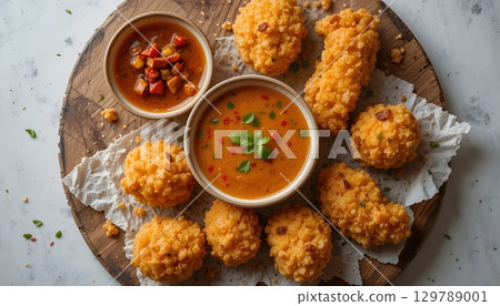 Crispy Chicken Nuggets with Spicy Dipping Sauce on Wooden Board | Tasty Fried Food Photography. 129789001