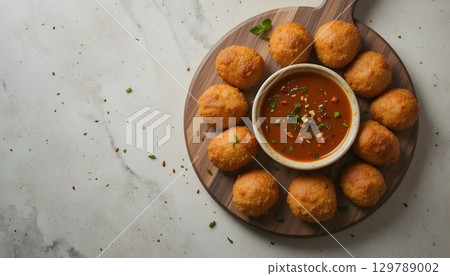 Crispy Chicken Nuggets with Spicy Dipping Sauce on Wooden Board | Tasty Fried Food Photography. 129789002
