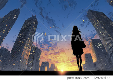 一位穿著西裝的女子走在商業區，早晨的通勤場景，陽光照射進來的城市，動漫風格 129789188