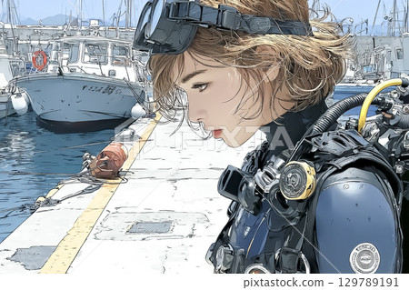 一名女潛水員已準備就緒，等待出發 129789191