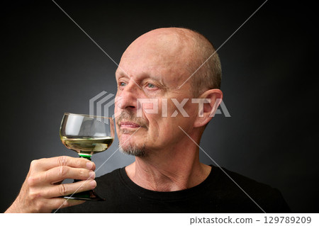 Closeup portrait of a senior man tasting a good white wine 129789209