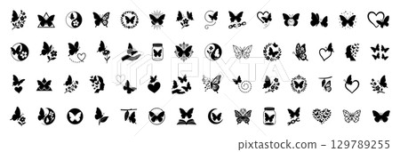 Set of decorative black butterfly icons in silhouette with flowers, hearts, faces, nature elements isolated on white background. romantic design, beauty symbol, elegant ornament, tattoo collection 129789255