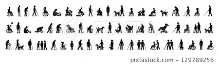 Set of black silhouettes of people with disabilities on white background. concept of accessibility, inclusion, diversity, wheelchair, cane, guide dog, community, isolated icons. 129789256