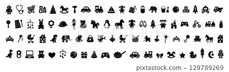 Set of kids toys in black silhouette icons, isolated on white background. concept of childhood, playful collection, toy designs, playtime fun, iconic shapes, children s graphic art 129789269