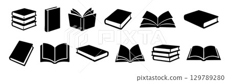 Black silhouettes of books in various forms isolated on white background, graphic illustration. concept of literature, reading collection, education, icon, library, design element 129789280
