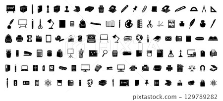 Set of black school and office supply silhouettes isolated on white background, graphic illustration. Concept of education tools, stationery, workplace organization, clip art, office equipment 129789282