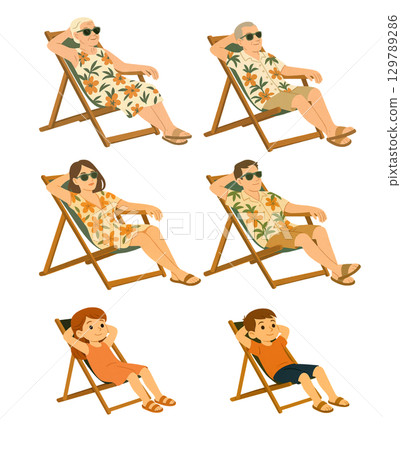 PNG set of different adults and children relaxing in deck chairs isolated on transparent background. Concept of family summer vacation, beach leisure, tropical holiday. Clip art for travel design PNG set of different adults and children relaxing in deck chairs isolated on transparent background. Concept of family summer vacation, beach leisure, tropical holiday. Clip art for travel design 129789286