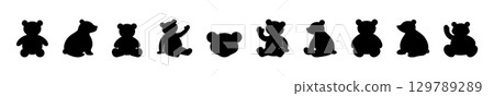 Set of black silhouettes of toy bears in various poses isolated on a white background. Cute baby plush bears. Concept of kids toys, childhood, minimalist. Print, icon, design element. Clip art Set of black silhouettes of toy bears in various poses isolated on a white background. Cute baby plush bears. Concept of kids toys, childhood, minimalist. Print, icon, design element. Clip art 129789289