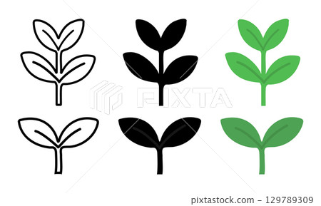 Set of plant sprout icons in different styles isolated on white background, graphic illustration. concept of growth, nature, leaves, garden elements, eco-friendly design, logo ideas 129789309