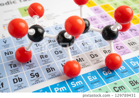 Molecules chemical on a periodic table background. 129789431