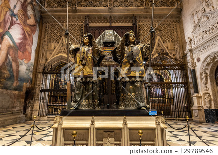 The Tomb of Christopher Columbus located in the Seville Cathedral of Saint Mary of the See in Seville, Andalusia, Spain The Tomb of Christopher Columbus located in the Seville Cathedral of Saint Mary of the See in Seville, Andalusia, Spain 129789546