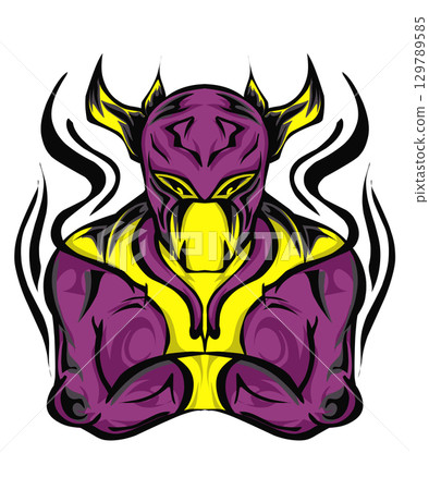 Illustration of a bull character. Perfect for cartoon elements, tattoos, logos, clothes, hats 129789585