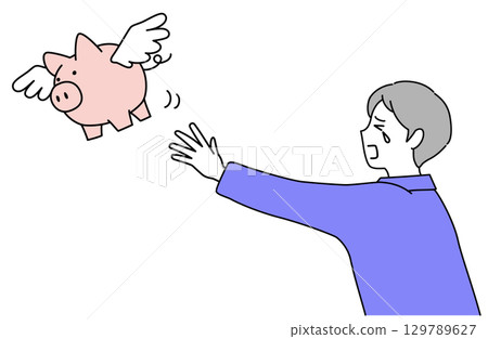 Line art vector illustration of a man chasing a simple piggy bank with wings 129789627