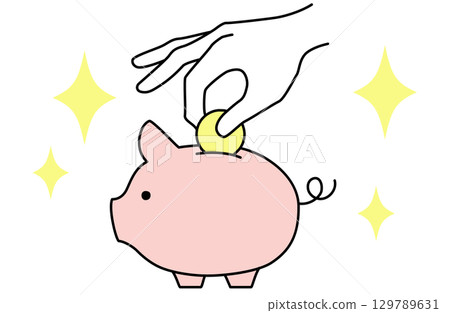 Line drawing vector illustration of a hand putting a coin into a simple piggy bank 129789631
