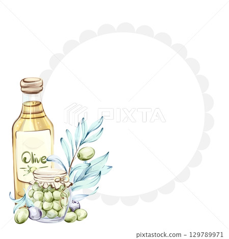 Olive branches and olive oil a watercolor illustration celebrating Italian cuisine and nature frame, border, arrangement Olive branches and olive oil a watercolor illustration celebrating Italian cuisine and nature frame, border, arrangement 129789971