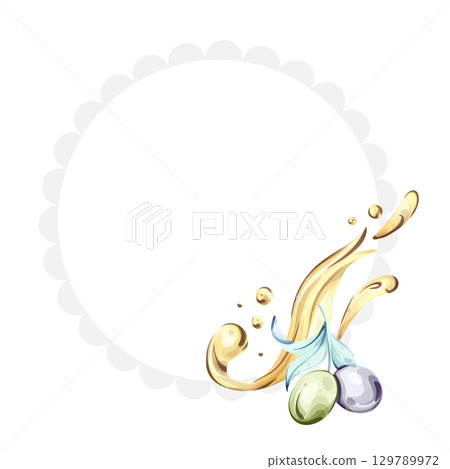 Watercolor illustration featuring olives and olive oil inspired by Italian cuisine and nature frame, border, arrangement Watercolor illustration featuring olives and olive oil inspired by Italian cuisine and nature frame, border, arrangement 129789972