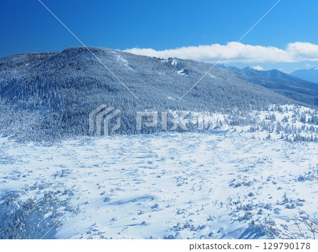 View of the northern Yatsugatake mountains in winter from the Kitayokodake hiking trail, including the courtyard garden and Shimakareyama mountain View of the northern Yatsugatake mountains in winter from the Kitayokodake hiking trail, including the courtyard garden and Shimakareyama mountain 129790178