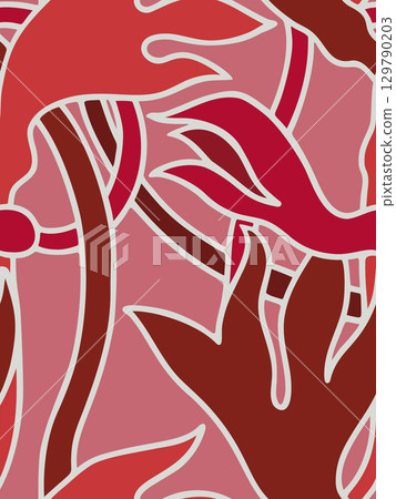 Modern vector seamless background with decorative abstract flowers and wavy stems in bright red, burgundy and pink colors 129790203
