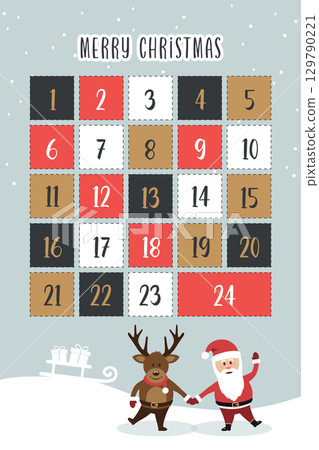 cute advent calendar with santa in snowy winter landscape vector illustration 129790221