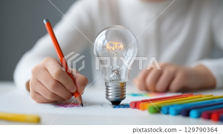 Child Drawing With Pencils Next to a Bright Idea Light Bulb Child Drawing With Pencils Next to a Bright Idea Light Bulb 129790364