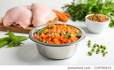Stainless steel bowl filled with chopped carrots and green peas on white surface, with raw chicken, carrots, and herbs in background, suggesting preparation for cooking or meal making Stainless steel bowl filled with chopped carrots and green peas on white surface, with raw chicken, carrots, and herbs in background, suggesting preparation for cooking or meal making 129790433