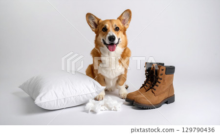 Happy dog with pillow, torn cotton, and pair of brown boots on plain background, conveying playful and cozy atmosphere 129790436
