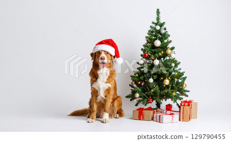 Festive holiday scene features happy dog wearing Santa hat sitting next to decorated Christmas tree with wrapped gifts underneath, creating cheerful and cozy Christmas atmosphere 129790455