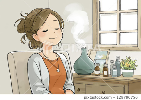 Miyu Series: A woman relaxing with aromatherapy Miyu Series: A woman relaxing with aromatherapy 129790756
