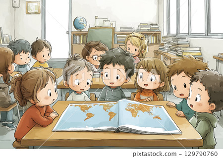 Social studies class where children learn by looking at a world map. Children use an atlas at their desk to identify countries and cities. 129790760
