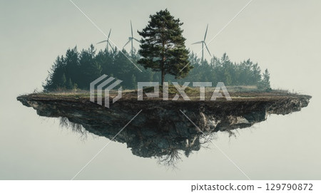 Floating Island With Tree, Forest, and Renewable Energy Wind Turbines Floating Island With Tree, Forest, and Renewable Energy Wind Turbines 129790872