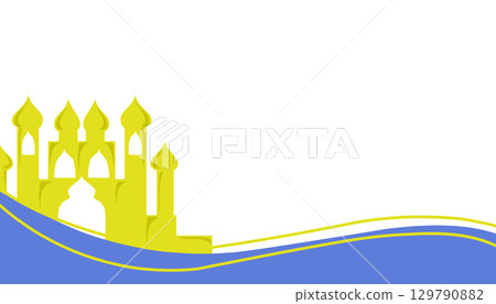 The background theme is Ramadan and Muslim holidays with a silhouette of a yellow mosque and blue waves. 129790882