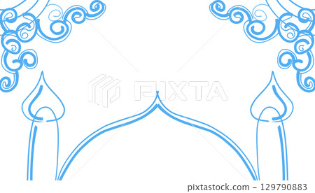 Handmade line background on the theme of Ramadan and Muslim holidays in blue, with a picture of a mosque dome. 129790883