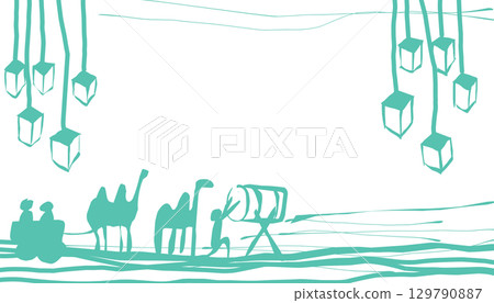 Handmade background with the theme of Ramadan and Islamic holidays in green colour with elements of people, camels, drum. 129790887