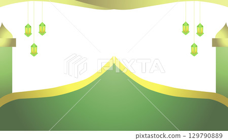 Background theme of Ramadan and Islamic holidays with images of mosques, lanterns with yellow and green colours. 129790889