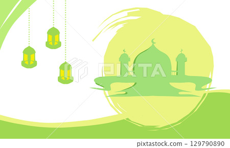 Background theme of Ramadan and Islamic holidays with images of mosques, lanterns with yellow and green colours. 129790890