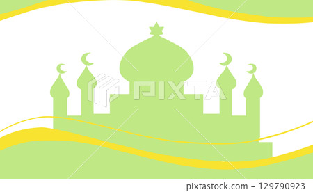 Background theme of Ramadan and Muslim holidays with silhouettes of green mosques and green waves. Background theme of Ramadan and Muslim holidays with silhouettes of green mosques and green waves. 129790923