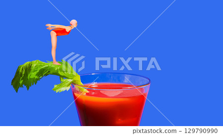Trendy collage. Diver on celery leaf above Bloody Mary cocktail Trendy collage. Diver on celery leaf above Bloody Mary cocktail 129790990
